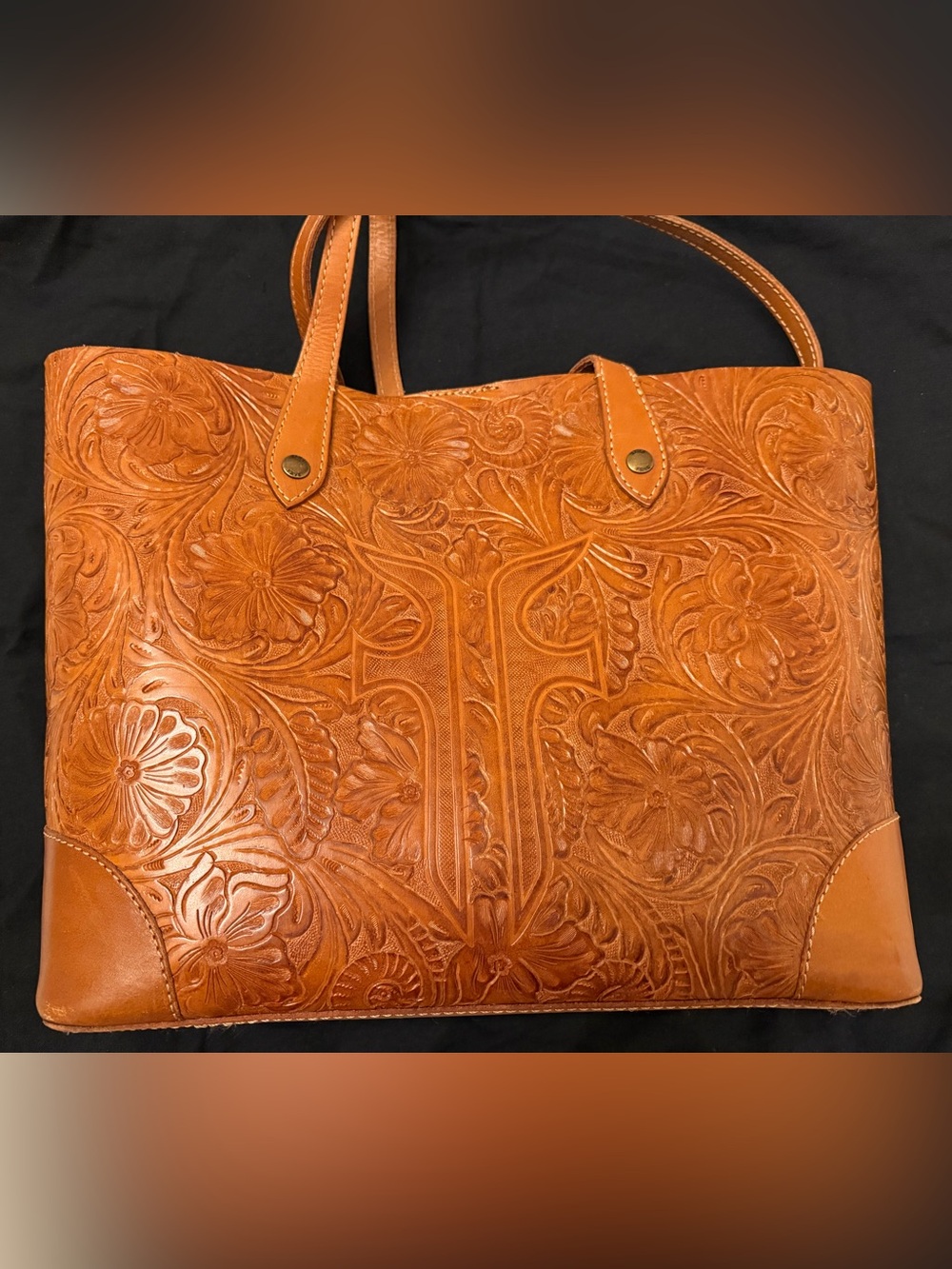 Frye Tooled Floral Leather Tote in Saddle Brown